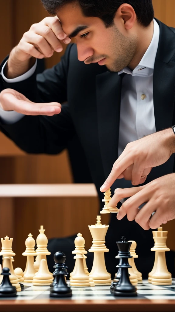An image of a chess player strategically moving a piece, with a thoughtful and calculating look.