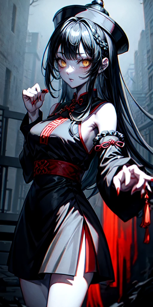 lora:flat:-1.2, masterpiece, best quality, 4k, 8k, 1 woman, solo, pale skin, tall stature, long hair, blunt bangs, side braid, black hair, ugly face, bad face, bad eyes, droopy eyes, unclear eyes, ruby red eyes, lemon yellow eyes, pale skin, black eyeliner, black eye shadow, heterochromia, slender frame, frightened, ofuda, jiangshi costume:1.2, sheath long skirt, China dress, fang, horror, coffin, forest, dark night, stormy weather, fog, from front, cowboy shot, look at viewer, paw pose,