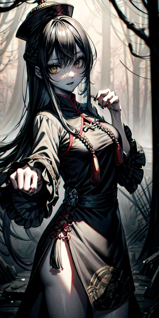 lora:flat:-1.2, masterpiece, best quality, 4k, 8k, 1 woman, solo, pale skin, tall stature, long hair, blunt bangs, side braid, black hair, ugly face, bad face, bad eyes, droopy eyes, unclear eyes, ruby red eyes, lemon yellow eyes, pale skin, black eyeliner, black eye shadow, heterochromia, slender frame, frightened, ofuda, jiangshi costume:1.2, sheath long skirt, China dress, fang, horror, coffin, forest, dark night, stormy weather, fog, from front, cowboy shot, look at viewer, paw pose,