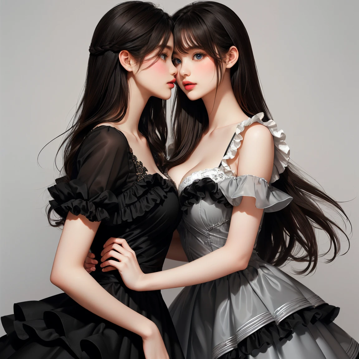 (((Masterpiece))), ((top quality)), (two beautiful girl is deeply in love with each other, kiss), bangs, (long hair:1.5), (((big breasts))), 23 years old, (Gorgeous white, grey and black ruffled dress:1.5), race, beautiful digital artwork, beautiful fantasy art, (The background is plain:1.5)