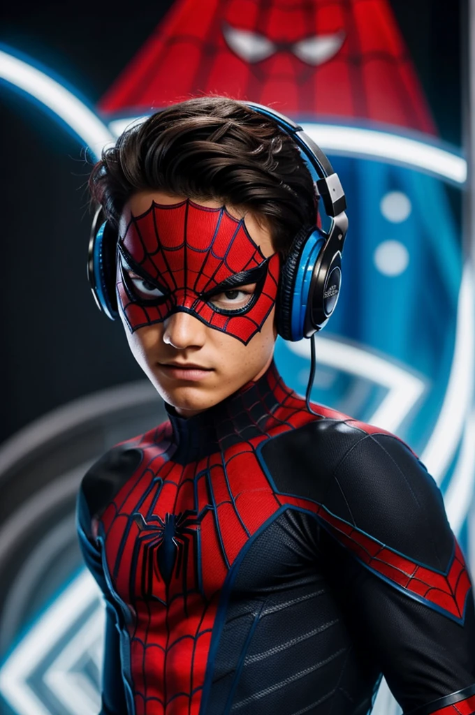 un CHICO DE CABELLO BLANCO con su traje de SPIDER-MAN AZUL GRISOSO CON NEGRO, SENTADO EN SU RECAMARA color ROJO encuchando musica por sus AUDIFONOS DE CASCO, TIPO COMICS ANIME, GRACIAS!