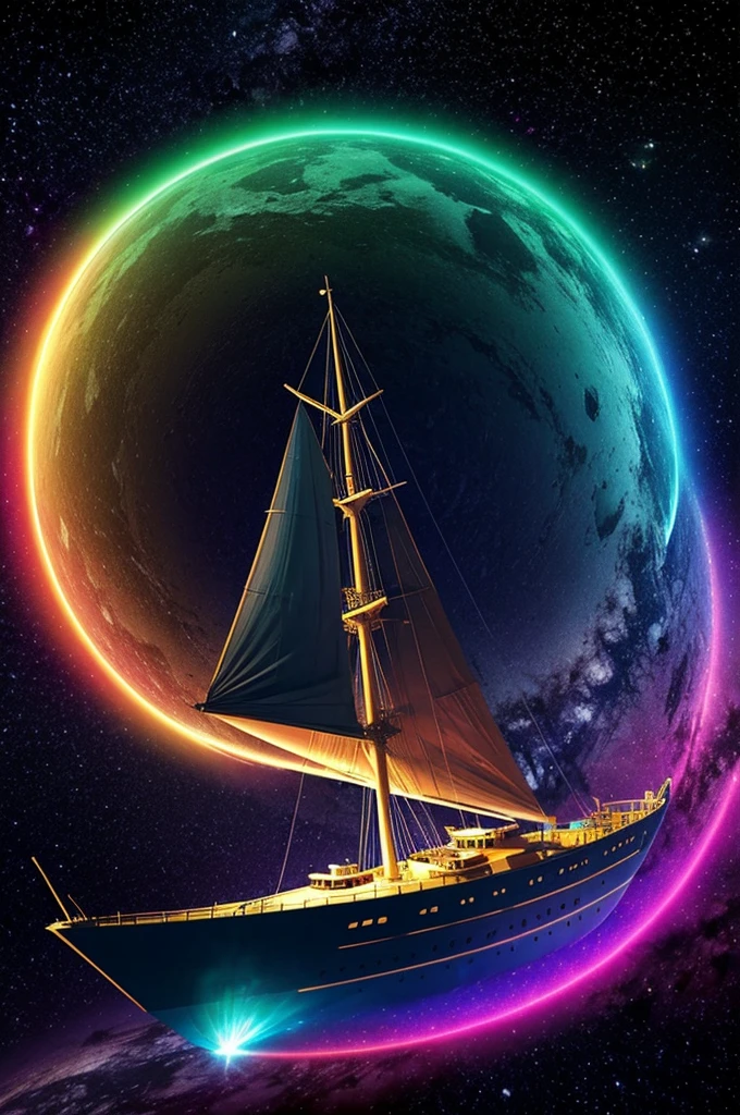 Extraterrestrial ship sailing without a crew entering an animated multicolor alternate universe 
