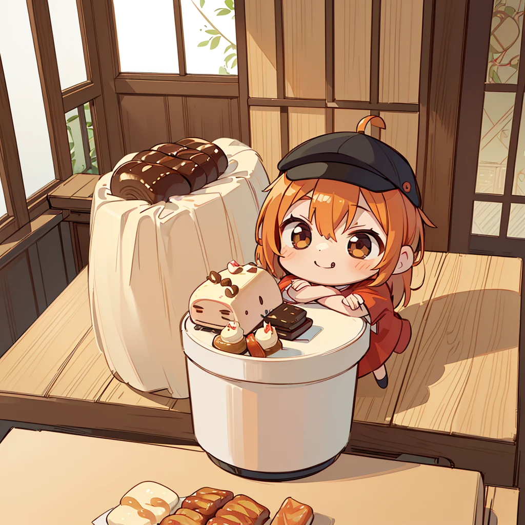 (((masutepiece))), Best Quality, Extremely detailed, (Chef Costume:1.2), (Chef's Hat), (((girl)), (((Solo))), Happy, ((Half body)), Ahoge, (((Deformed))), (((Chibi Character))), ((( Restaurant))), ((Front of restaurant)) , ((crossed arms))), (((cooking)), ((many food)), (( food on table)), (((overview))), (((Perspective)))
