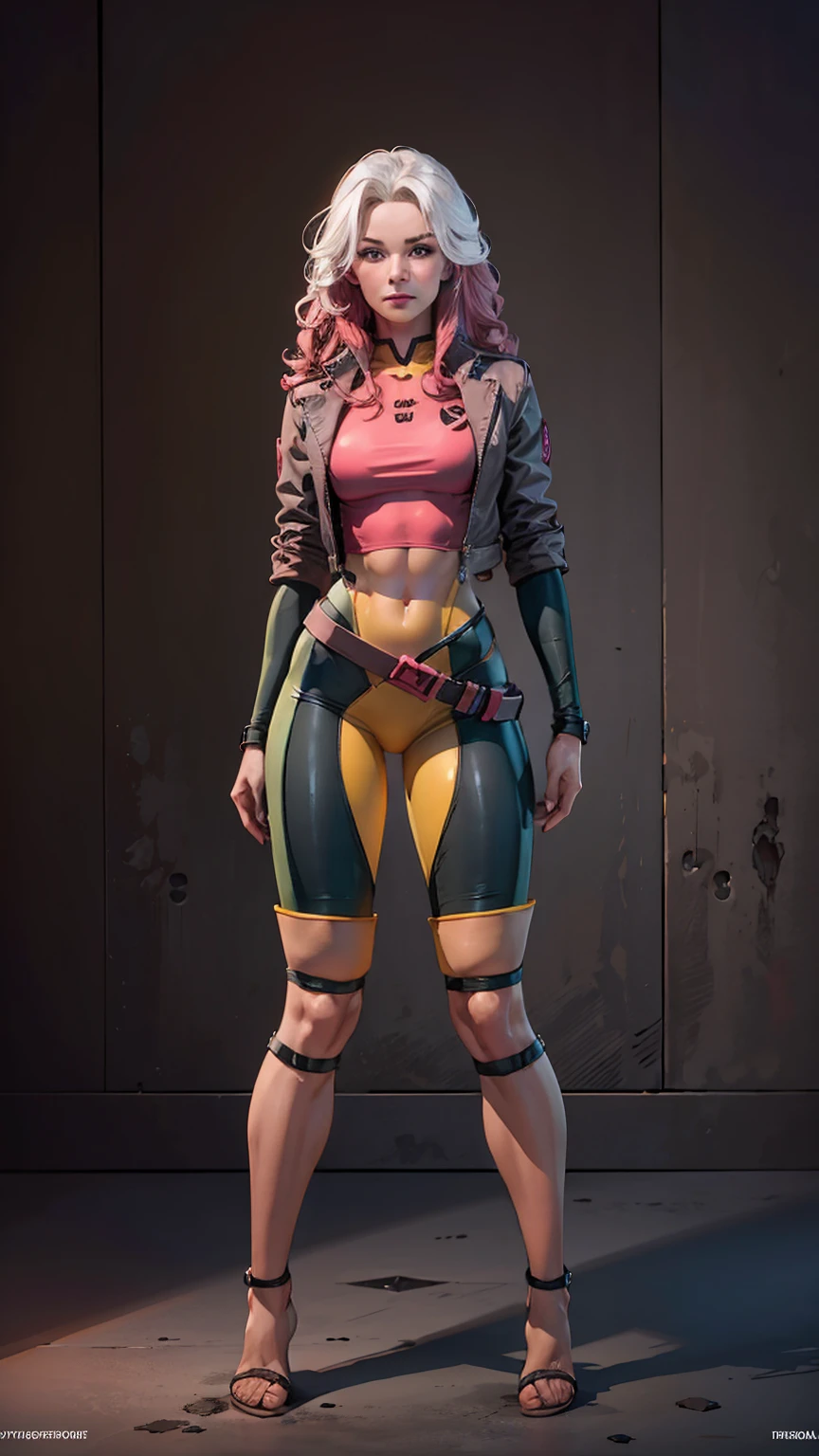 ((Full body photo, standing, feet on the ground)) supermodel physique, perfect body, perfect clear skin, ultrarealistic, hyperrealism, photorealistic, ultra quality, masterpiece, high quality, beautiful, sexy face, pretty, slightly toned, fit, supermodel build, 3/4 body view, sexy waist, sexy hips, perfect legs, thigh gap, rogue, 1girl, solo, blush, wavy hair, multi colored hair, pink and grey top, pink and grey bottom, dynamic angle, high quality eyes, beautiful eyes