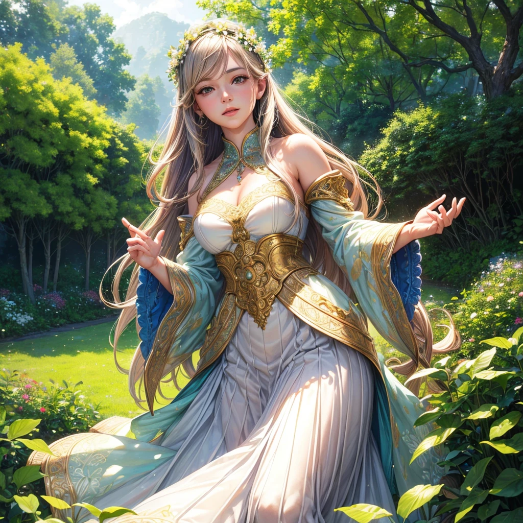 a beautiful young girl in a peaceful garden, lush greenery, blooming flowers, sunlight filtering through the trees, detailed facial features, elegant expression, long flowing hair, delicate porcelain skin, detailed ornate dress, cinched waist, layered skirts, intricate embroidery, petals floating in the air, detailed background foliage, picturesque landscape, (best quality,4k,8k,highres,masterpiece:1.2),ultra-detailed,(realistic,photorealistic,photo-realistic:1.37),portrait,vibrant colors,natural lighting