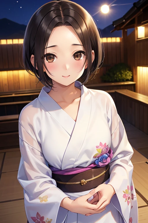 Rinko Kobayakawa、Shiny brown hair, ((Center-parted bangs that expose the forehead:1.5、short hair、))、, (Beautiful brown eyes、Sparkling eyes, Fine grain)、smile、Ultra-detailed eyes、Highly detailed face, Highly detailed eyes,


Highest quality、High resolution、Detailed Background、Beautiful and dense face、Beautiful, smooth skin、Skin Texture、(Realistic:1.1)、Perfect body line、(Cute beautiful girl:1.5)、


thin、Small face、Brown eyes、expensive、hot spring、hostel、Floral yukata、22 years old、mature、night