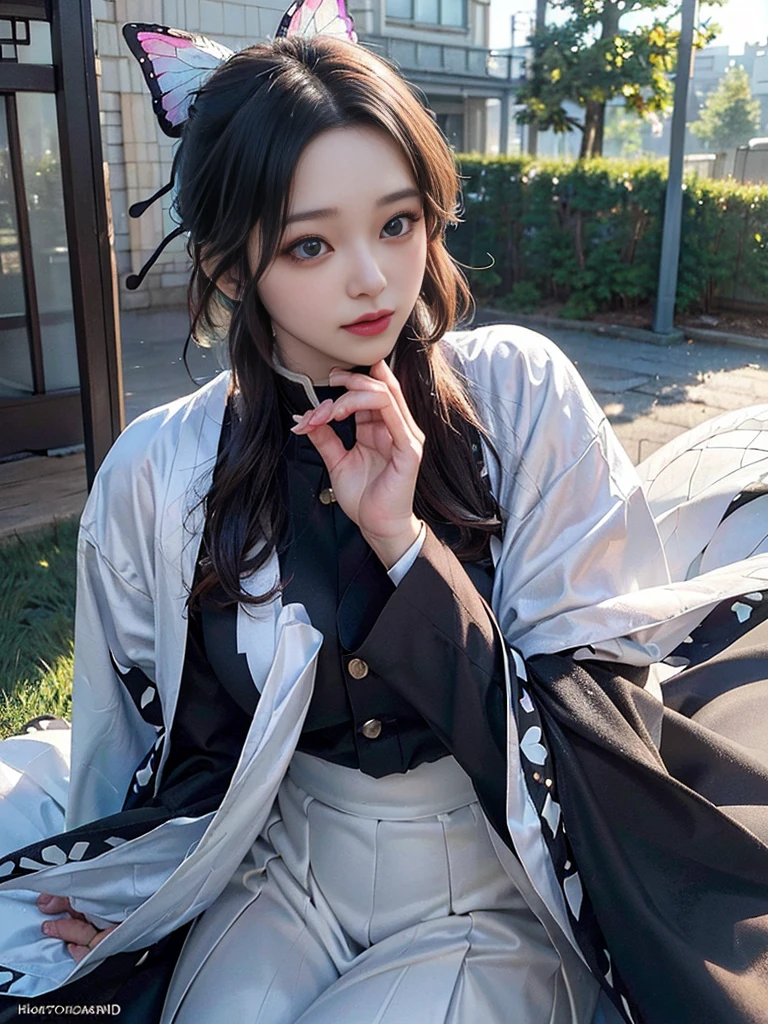 Tolerate, Demon slayer, Shinobu Kocho, anime, 22 years old, ((Butterfly themed costume, A black haori coat with a butterfly pattern, Brown full-body military uniform)), ((Tolerateコスプレ)), ((A very cute caucasian 22 years old mom cosplaying shinobu), ((Blur the background)), 1 Girl, Wide range photograph撮影, Wide range, (Mature Woman), Long and beautiful face, Clear Face, Realistic Face, True Face, Absolute reality, ((Hot body)), ((Demon slayer dress)), ((Demon slayer)), ((Tolerateドレス)), ((Cosplay Dresses)), Huge , Covered, (((Realistic))), ((Dress neatly)), waist curve pose, surface side, (8K, RAWphotograph, Highest quality, masterpiece), (Realistic, Realistic: 1.9), ((Full Body Shot)), Stylish pose, ((Highly detailed skin: 1.2)), ((Realistic: 1.9)), photograph, masterpieces, Highest quality, (Beautiful Blue Eyes, Gorgeous pale gray black curly hair, White skin, Thick body, Coarse hairs on lower abdomen, perfect slim figure), Various poses, Highly detailed face, Fine grain, Many people are looking at her with excitement., (((close))), Light of the sun, Cinematic, ((photograph撮影)), photograph