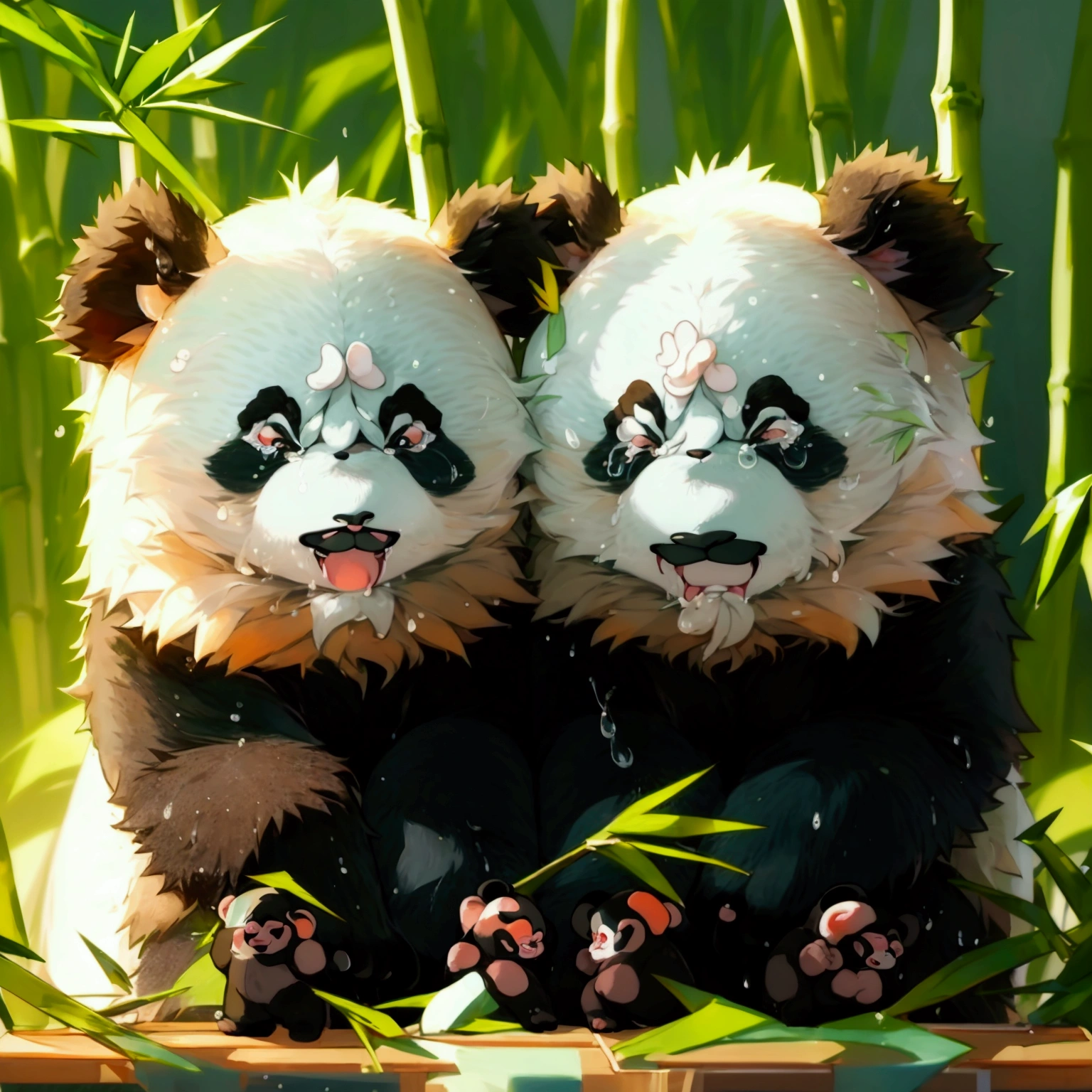 List of cute Chinese giant panda emojis,cartoon animals,A green bamboo leaf on the head,Hands on hips,Short legs, (((unhappy,Cried sadly,Angry expression,甩头Angry expression))) , (((Detailed panda animal portrait table,Front view,side view,three quarter view))) (((White background))),masterpiece,Extreme details,8K resolution,panoramic,Depth of Field
