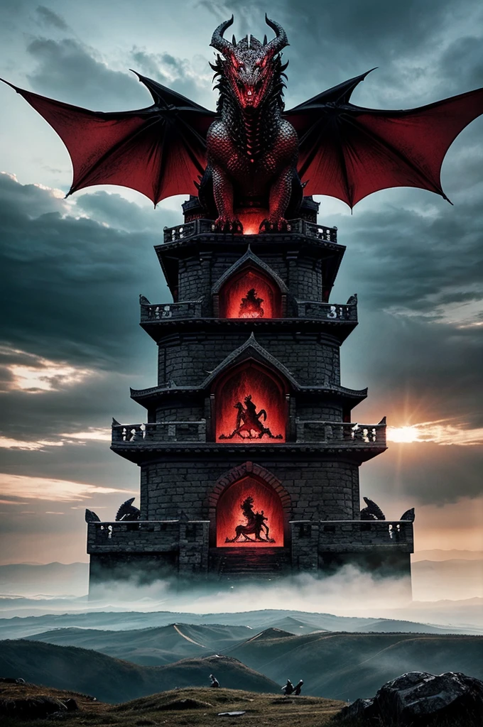 House Targaryen aesthetic with dragonstone castle, a big dragon and a red and black 3 headed dragon house sigil