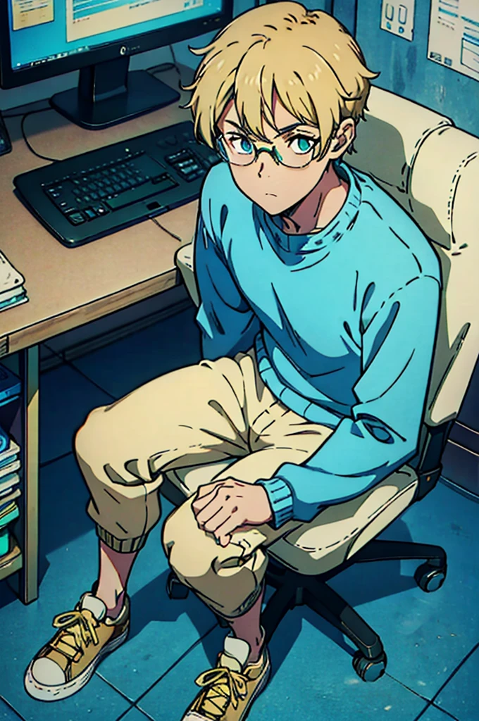 8k, original, 1boy, nerd, illustration, mix, (single object), hd, absurdres, lora ((mappa studio style)), anime style, 2d, celshade style, digital art, round glasses, blonde hair, short hair, cyan sweater with high neck, long sleeves, beige pants, sneaker shoes, sitting on chair, computer, hacker, high angle camera