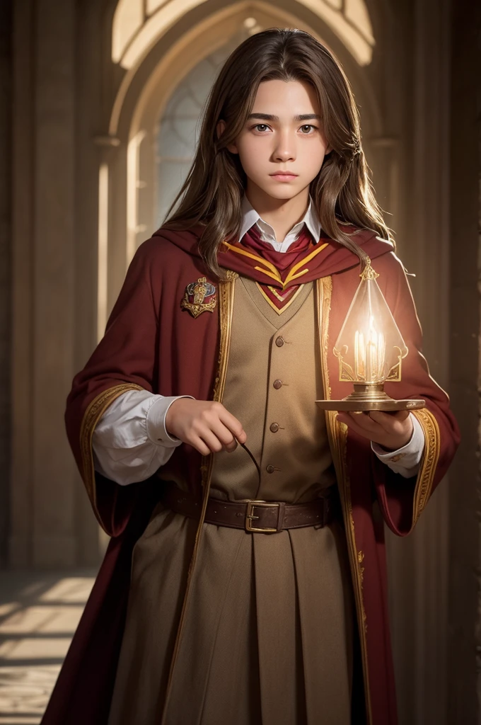 I want images of a teenager. a 14 year old boy, he just returned to Hogwarts, The school of magic and witchcraft. He was assigned to Gryffindor house. He has voluminous light brown hair, light honey-colored eyes and has fair skin.