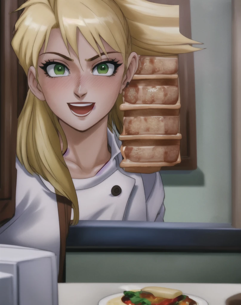 perfect, close-up, portrait, chef chef, 1 girl, standing alone, shorth hair, hair blonde, bangss, greeneyes, gazing at viewer, white  shirt, sitting at the kitchen table, :d, gazing at viewer, blushful