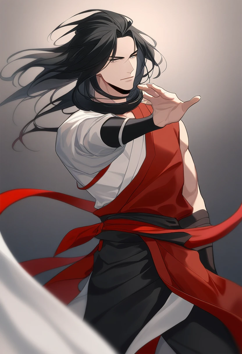 (masterpiece, best quality:1.2), 1male, solo, wei wuxian, mo dao zu shi, mdzs, black and red clothes, grey eyes, long black hair, perfect anatomy, red ribbon around the waist