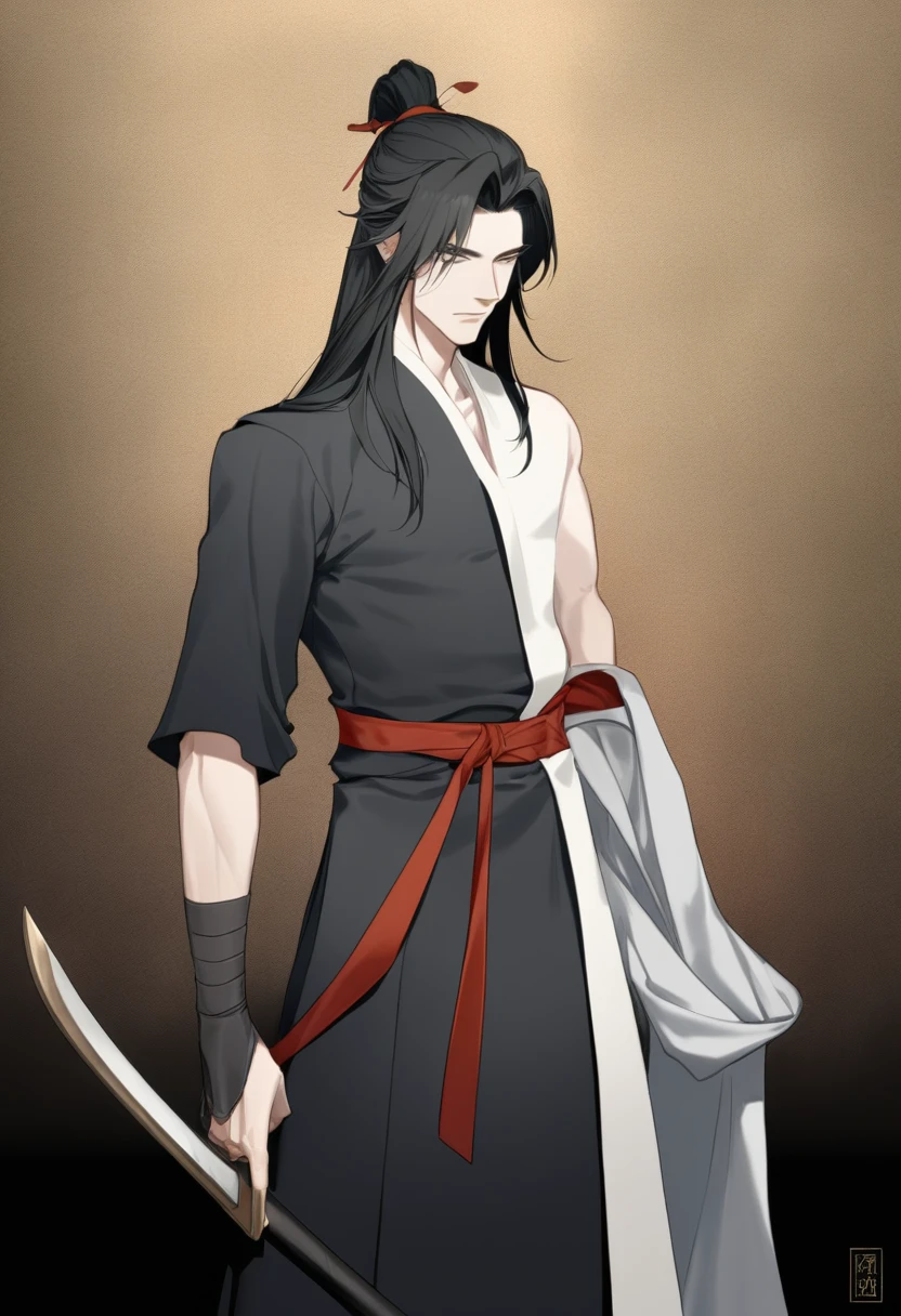 (masterpiece, best quality:1.2), 1male, solo, wei wuxian, mo dao zu shi, mdzs, black and red clothes, grey eyes, long black hair, perfect anatomy, red ribbon around the waist