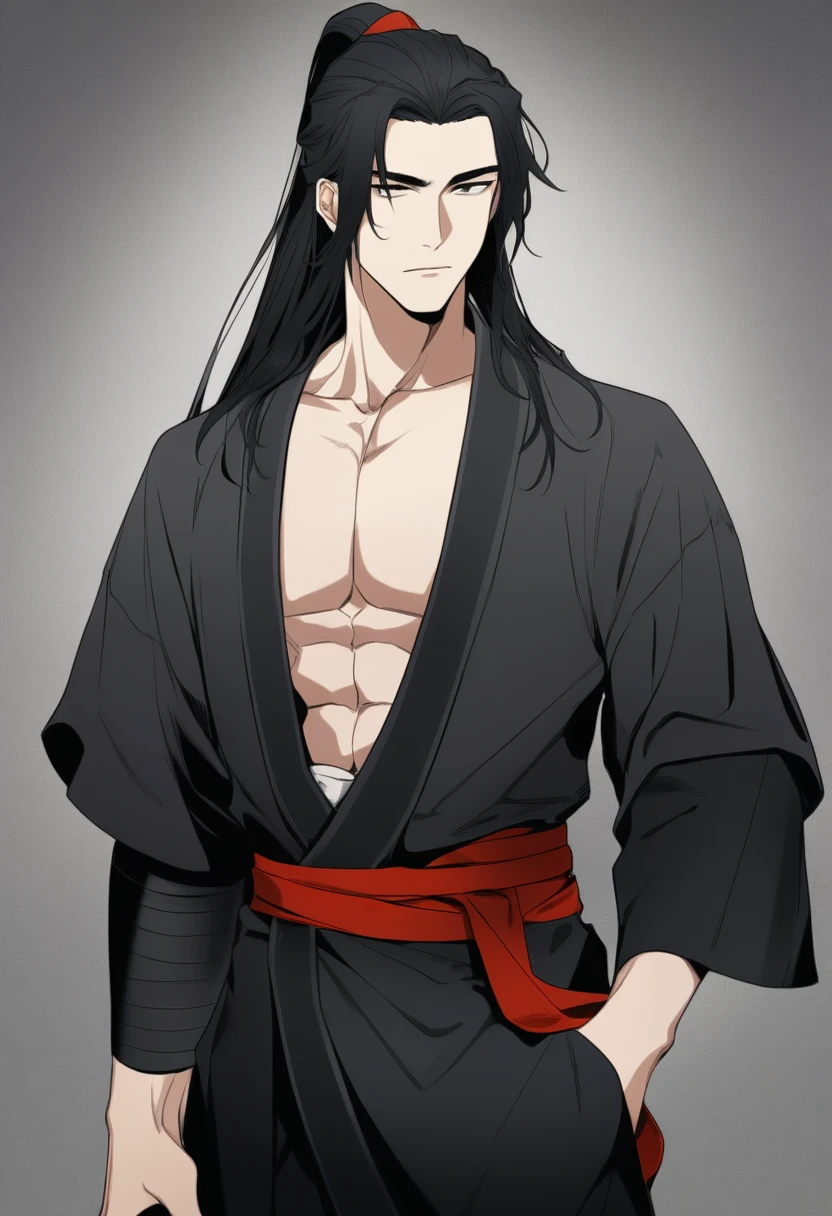 (masterpiece, best quality:1.2), 1male, solo, wei wuxian, mo dao zu shi, mdzs, black and red clothes, grey eyes, long black hair, perfect anatomy, red ribbon around the waist