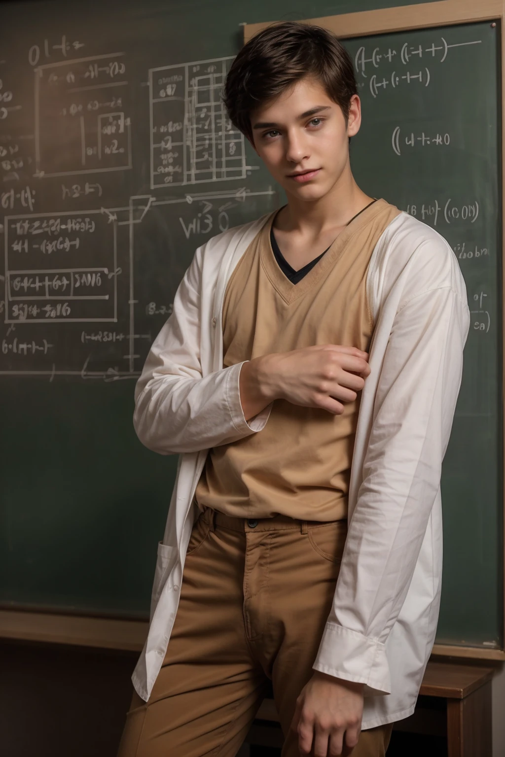 A beautiful young male twinks with black hair, wearing a long-sleeved white cotton shirt and brown pants. He is in his scientific office, and behind him is a blackboard with calculus written on it. He looks on proudly, with a face with reddish makeup.