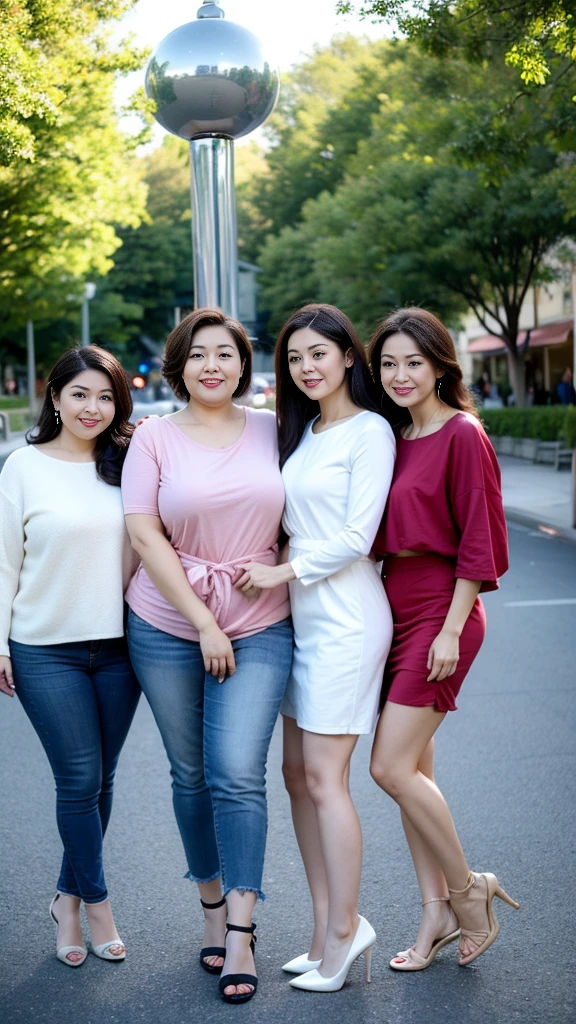 Quadruplets,Smiling fat woman ((best quality)), ((masterpiece)), (detailed), Perfect face, ,Oval face,Wearing a green loose sweatshirt and short skirt, The other person was wearing a red loose T-shirt, coat and jeans., Thin waist and thick hips, Soft curves, hyperPractical full figure, Wearing a cute top, Long legs,,thickness, Beautiful plump woman, Four curvy female targets,Clear curve details, Curvy hourglass figure, Charming plus size models, bbw酱, full image, Surface Model, Curvy body, (full-body shot)blush, 1girll fat , Golden Ratio,(White and tender skin:),High quality background, HD, Practical, HDR. pedestrian mall,Skin as white as paper,High heel,forest,grassland