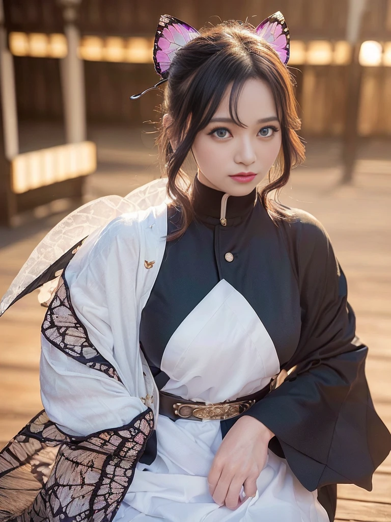 Tolerate, Demon slayer, Shinobu Kocho, anime, 22 years old, ((Butterfly themed costume, A black haori coat with a butterfly pattern, Brown full-body military uniform)), ((Tolerateコスプレ)), ((A very cute caucasian 22 years old mom cosplaying shinobu), ((Blur the background)), 1 Girl, Wide range photograph撮影, Wide range, (Mature Woman), Long and beautiful face, Clear Face, Realistic Face, True Face, Absolute reality, ((Hot body)), ((Demon slayer dress)), ((Demon slayer)), ((Tolerateドレス)), ((Cosplay Dresses)), Huge , Covered, (((Realistic))), ((Dress neatly)), waist curve pose, surface side, (8K, RAWphotograph, Highest quality, masterpiece), (Realistic, Realistic: 1.9), ((Full Body Shot)), Stylish pose, ((Highly detailed skin: 1.2)), ((Realistic: 1.9)), photograph, masterpieces, Highest quality, (Beautiful Blue Eyes, Gorgeous pale gray black curly hair, White skin, Thick body, Coarse hairs on lower abdomen, perfect slim figure), Various poses, Highly detailed face, Fine grain, Many people are looking at her with excitement., (((close))), Light of the sun, Cinematic, ((photograph撮影)), photograph