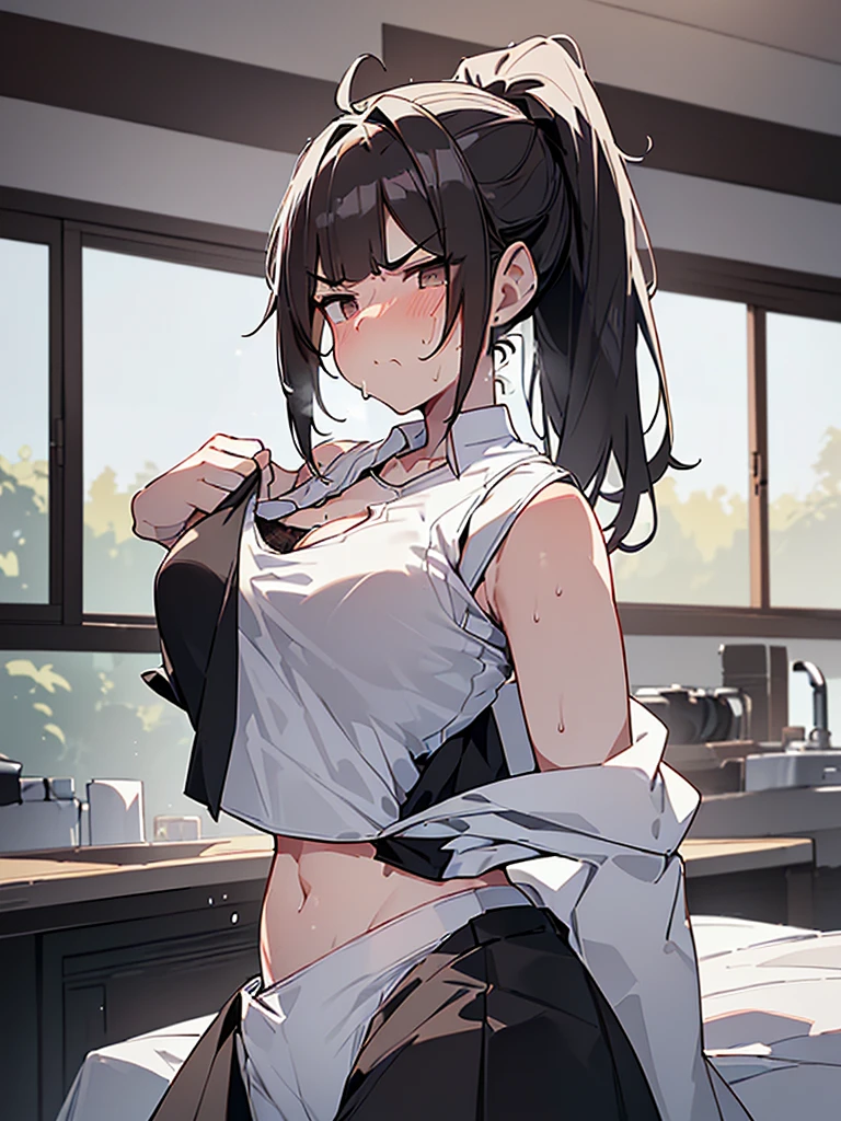 NSFW:1.3. High ponytail:2.4 8 heads Small head Full body view Taking off bra:1.3 Taking off a black skirt:1.3 Her cute white lace underwear is completely visible:1.3 tall women:1.9 (((Sleeveless shirt with the front open, white bra, white underwear:1.3))) (((Slouching, sweating, glaring Sulky mouth, wrinkled brows, flushed cheeks))), (White sleeveless shirt, bare neck, collarbone visible, bare chest:1.3) (night:1.3. Apartment Room) (((Short black hair ponytail:1.3 Straight hair Sweep your bangs to the side:1.9 Slanted eyes Brown eyes Tall Big breasts Strong Beautiful Cute)))