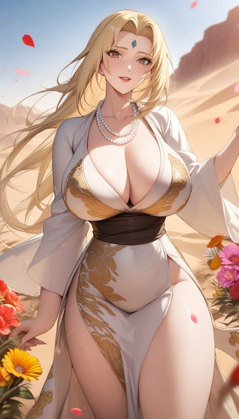 masterpiece, best quality, very aesthetic, absurdres, 1girl, mature_lady, in Desert ,1 Pretty girl，Tighten the body，clothes details，There are intricate gold threads on the clothes，pearls necklace,white skinned，looking at viewer， ,tsunade_(naruto), 1girl, blonde_hair, brown_eyes, breasts, large_breasts, long_hair, forehead_jewel,,in Desert, Desert Princess,surrounding by flowers,falling_petals, outdoors, petals,,,blur background,background defocus,