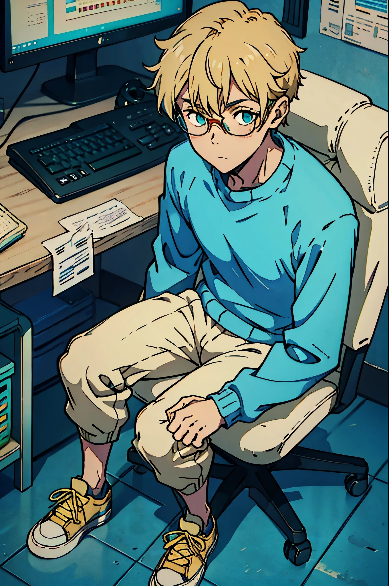 8k, original, 1boy, nerd, illustration, mix, (single object), hd, absurdres, lora ((mappa studio style)), anime style, 2d, celshade style, digital art, round glasses, blonde hair, short hair, cyan sweater with high neck, long sleeves, beige pants, sneaker shoes, sitting on chair, computer, hacker, high angle camera