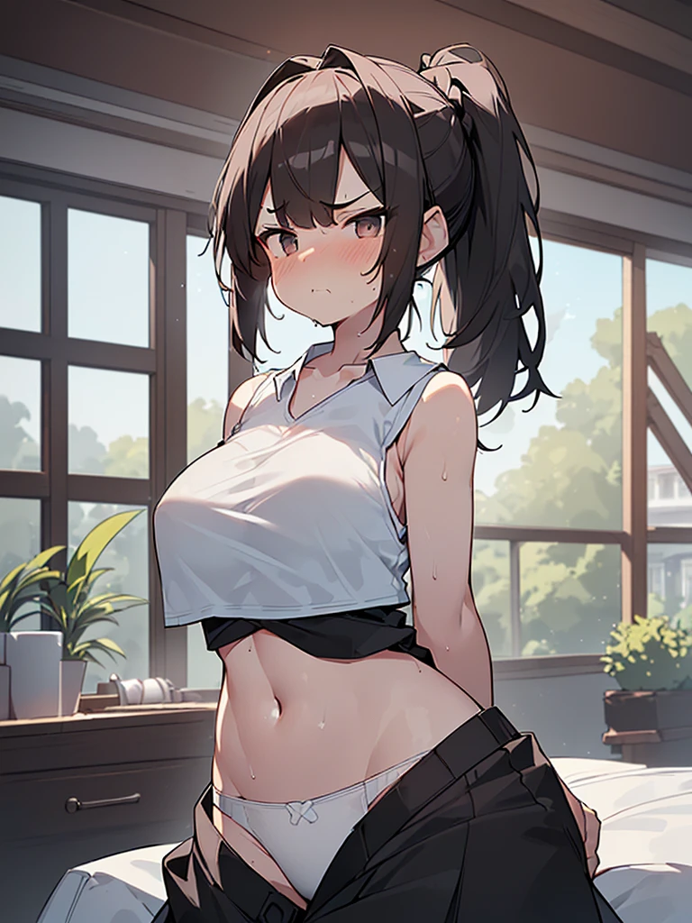 NSFW:1.3. High ponytail:2.4　8 heads　Small head　Full body view Taking off bra:1.3　Taking off a black skirt:1.3　Her cute white lace underwear is completely visible:1.3　tall women:1.9 (((Sleeveless shirt with the front open, white bra, white underwear:1.3))) (((Slouching, sweating, glaring　Sulky mouth, wrinkled brows, flushed cheeks))), (White sleeveless shirt, bare neck, collarbone visible, bare chest:1.3) (night:1.3. Apartment Room) (((Short black hair ponytail:1.3 Straight hair Sweep your bangs to the side:1.9 Slanted eyes Brown eyes Tall Big breasts Strong Beautiful Cute)))