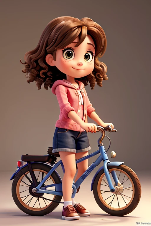 A seven-year-old, full of energy and curiosity. She has curly brown hair that falls over her shoulders.., and your brown eyes, always attentive and full of life. She is average height for her age and prefers to wear colorful and fun clothes.., reflecting your cheerful personality,she is in a square riding a bicycle