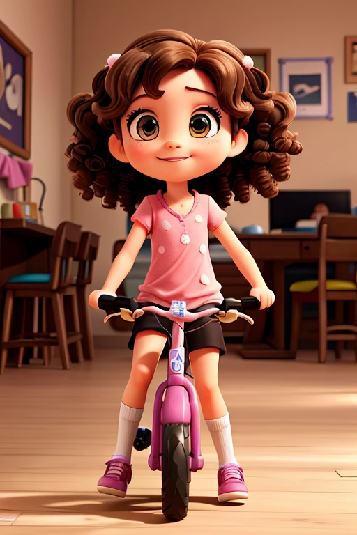 A seven-year-old, full of energy and curiosity. She has curly brown hair that falls over her shoulders.., and your brown eyes, always attentive and full of life. She is average height for her age and prefers to wear colorful and fun clothes.., reflecting your cheerful personality,she is in a square riding a bicycle