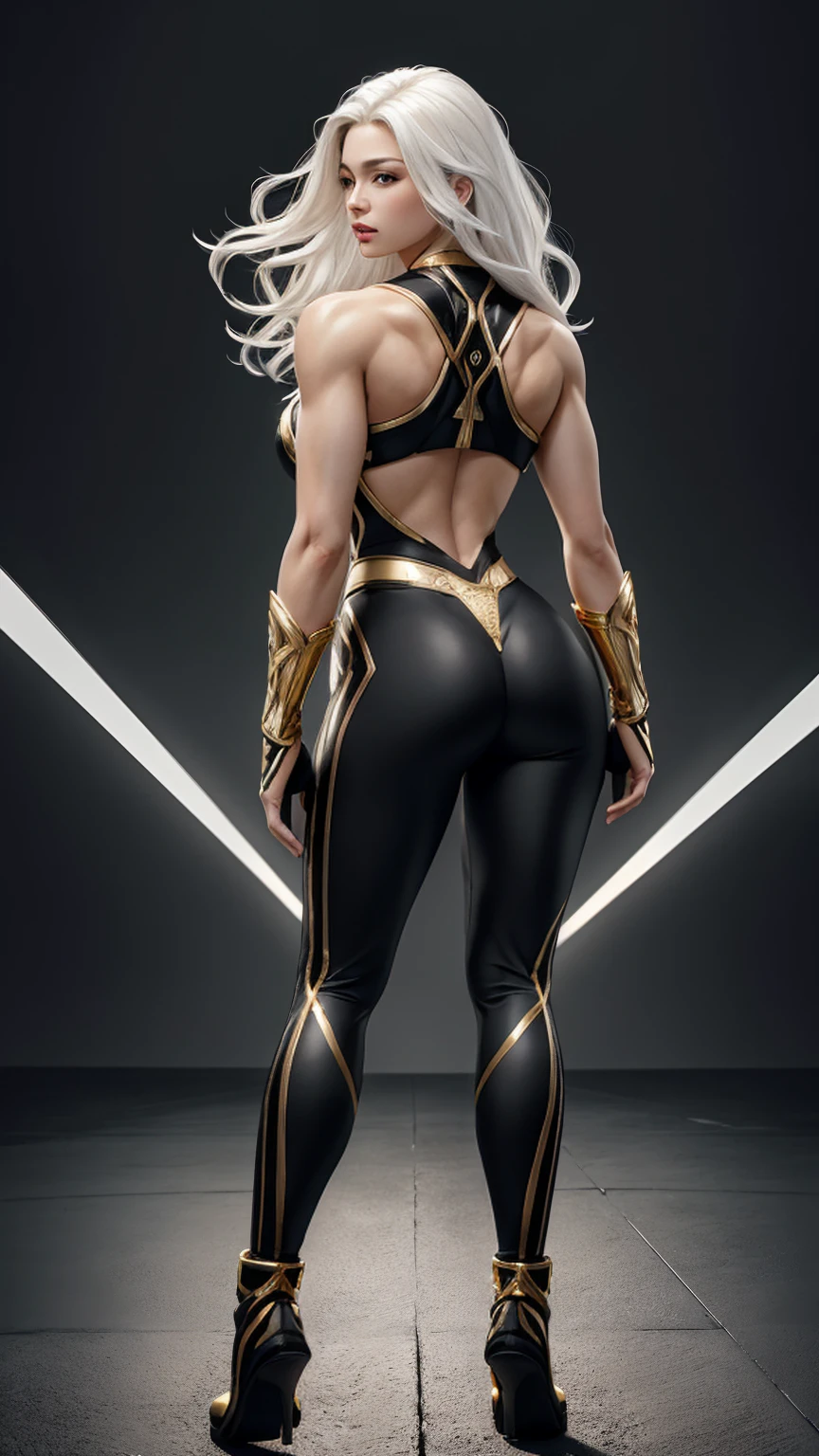 ((Full body photo, standing, on the ground)) (Masterpiece, 4k resolution, ultra-realistic, very detailed) beautiful y superheroine, has ice powers, wavy white hair, back belly with black contours and gold, has black gloves with fur on the wrist, wears tight black pants, with a gold and gray stripe, golden lines all over the body in the realism style, shiny skin, natural lighting, defined full lips. fitness female body. portrait photography by artgerm, in realism style, glowing skin, natural lighting, defined full lips. Muscular fitness female body,