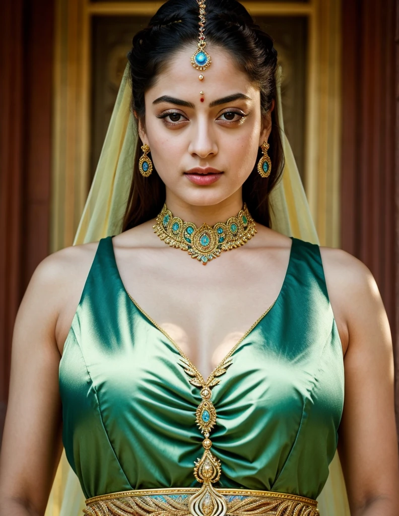 Looks like Sandeepa Dhar, "Design an illustration of a stunning and powerful warrior queen with a regal presence. She should possess a combination of strength and grace. Imagine her in ornate, yet practical armor that complements her figure. The armor should be adorned with intricate details and symbols representing her royal lineage and warrior prowess. Her weapon of choice could be a unique and elegant sword or a mythical weapon that reflects her status as a formidable leader.
Her facial features should exude confidence and determination, with piercing eyes that convey both fierceness and wisdom. The queen's hair, whether long or short, should flow dynamically, hinting at her movement in battle. Consider incorporating elements that emphasize her connection to nature or a mythical realm, such as ethereal backgrounds, symbolic animals, or mystical symbols.
Pay attention to the color palette; use rich, bold colors that enhance her royal aura. Experiment with lighting to highlight specific details and create a sense of drama. Ensure that her posture and expression capture the essence of a queen who commands respect and admiration. Feel free to draw inspiration from historical warrior queens or fictional characters, blending elements to create a unique and captivating image."