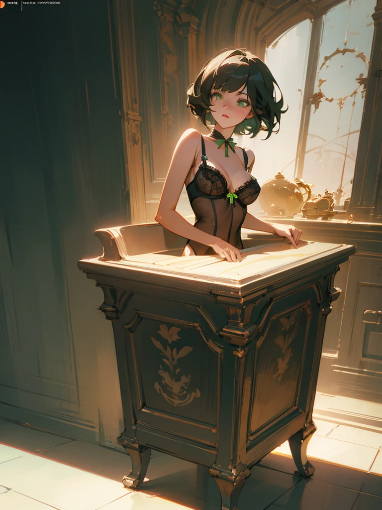 Old Neon Green Eyes, Victorian era Lingerie, Lacy Lingerie, cinematic lighting, ray tracing, cinematic effects, highly detailed illustration, full-body shot, masterpiece, cohesive