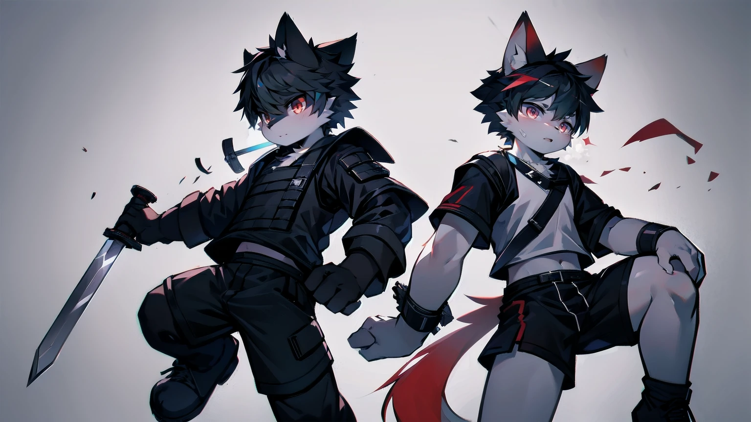 White Wolf，black hair，Red eyes，Wolf ears，Wolf Tail，juvenile，male，hairy，Hair，Half body armor，Combat uniform，Silver and black clothing，Handsome，Handsome，shorts，The forearm is exposed，leg，Fighting Stance，Duel，Two people，Anxious，Armed with a sword，Simple background，Swords