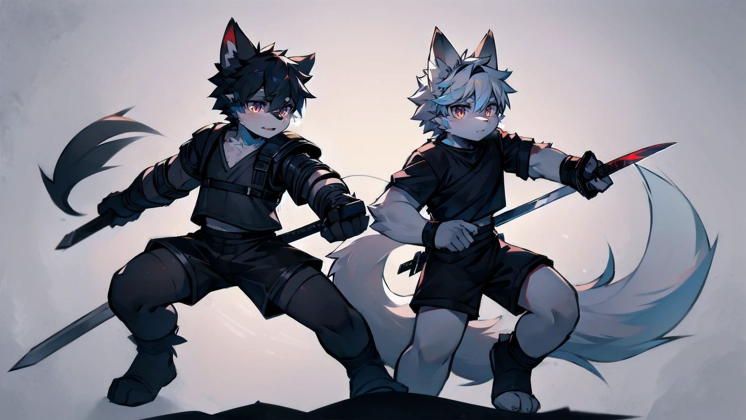 White Wolf,black hair,Red eyes,Wolf ears,Wolf Tail,juvenile,male,hairy,Hair,Half body armor,Combat uniform,Silver and black clothing,Handsome,Handsome,shorts,The forearm is exposed,leg,Fighting Stance,Duel,Two people,Anxious,Armed with a sword,Simple background,Swords