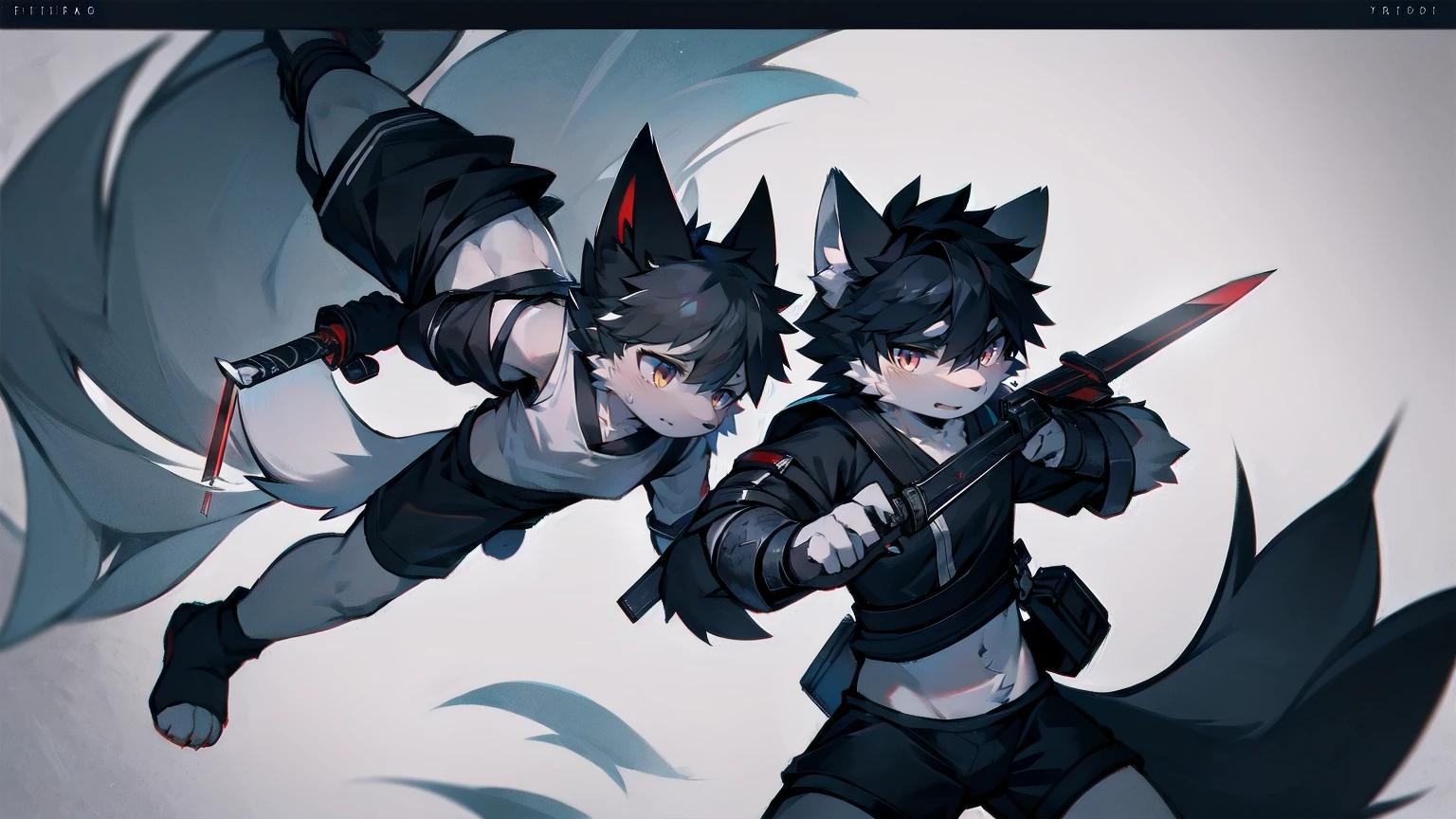White Wolf,black hair,Red eyes,Wolf ears,Wolf Tail,juvenile,male,hairy,Hair,Half body armor,Combat uniform,Silver and black clothing,Handsome,Handsome,shorts,The forearm is exposed,leg,Fighting Stance,Duel,Two people,Anxious,Armed with a sword,Simple background,Swords