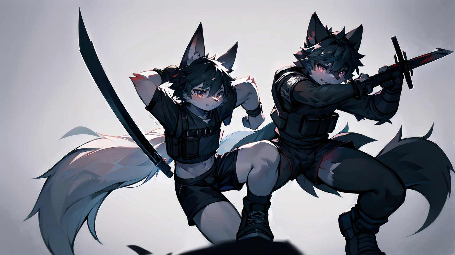 White Wolf，black hair，Red eyes，Wolf ears，Wolf Tail，juvenile，male，hairy，Hair，Half body armor，Combat uniform，Silver and black clothing，Handsome，Handsome，shorts，The forearm is exposed，leg，Fighting Stance，Duel，Two people，Anxious，Armed with a sword，Simple background，Swords