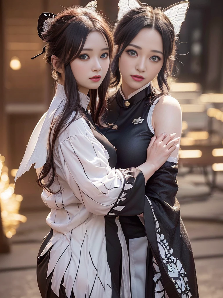 Tolerate, Demon slayer, Shinobu Kocho, anime, 22 years old, ((Butterfly themed costume, A black haori coat with a butterfly pattern, Brown full-body military uniform)), ((Tolerateコスプレ)), ((A very cute caucasian 22 years old mom cosplaying shinobu), ((Blur the background)), 1 Girl, Wide range photograph撮影, Wide range, (Mature Woman), Long and beautiful face, Clear Face, Realistic Face, True Face, Absolute reality, ((Hot body)), ((Demon slayer dress)), ((Demon slayer)), ((Tolerateドレス)), ((Cosplay Dresses)), Huge , Covered, (((Realistic))), ((Dress neatly)), waist curve pose, surface side, (8K, RAWphotograph, Highest quality, masterpiece), (Realistic, Realistic: 1.9), ((Full Body Shot)), Stylish pose, ((Highly detailed skin: 1.2)), ((Realistic: 1.9)), photograph, masterpieces, Highest quality, (Beautiful Blue Eyes, Gorgeous pale gray black curly hair, White skin, Thick body, Coarse hairs on lower abdomen, perfect slim figure), Various poses, Highly detailed face, Fine grain, Many people are looking at her with excitement., (((close))), Light of the sun, Cinematic, ((photograph撮影)), photograph