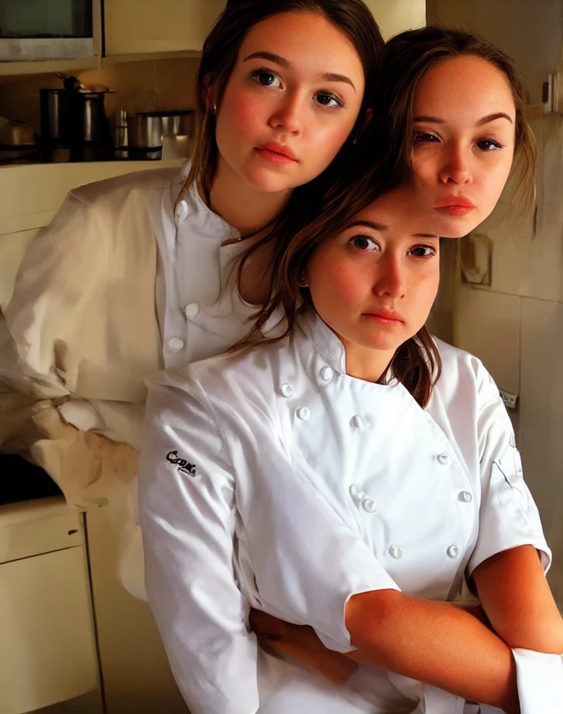 perfect, close-up, portrait, chef chef, 1 girl, standing alone, shorth hair, hair blonde, bangss, greeneyes, gazing at viewer, white shirt, sitting at the kitchen table, :d, gazing at viewer, blushful