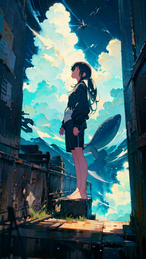 masterpiece, Exquisite detail,Highest quality, One girl, alone, handrail, cloud, Looking up at the buildings,Long Hair, NULL, Long sleeve, Power lines, White footwear, Black Hair, View your viewers, Electric pole, bangs, cloudy NULL, fish, bird, Green Eyes, Shorts, Day, Black Shirt, barefoot,Whale flying in the sky,Giant whale,night,star,milky way,night,Pitch black,Buildings,Sitting, High quality anime art style,Standing painting,Splash ink background,Blue Themes