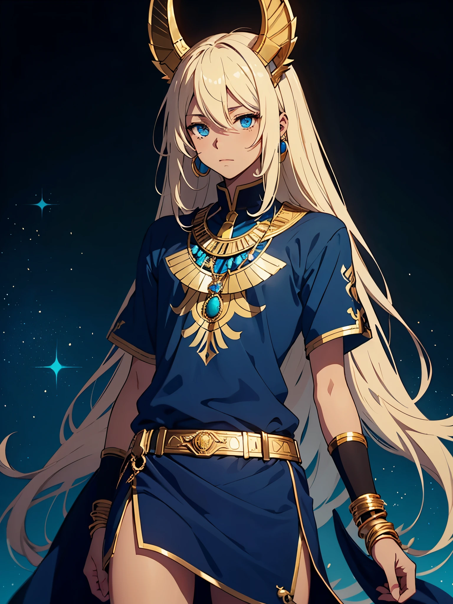More anime style. cutie pie. アニメ! Teenage boy. Egyptian deity Anubis. Egyptian blue clothing. Blue clothes. long blond hair. Lots of gold jewelry. dark skin. Egyptian. dazzling blue eyes. mystical. divine.
