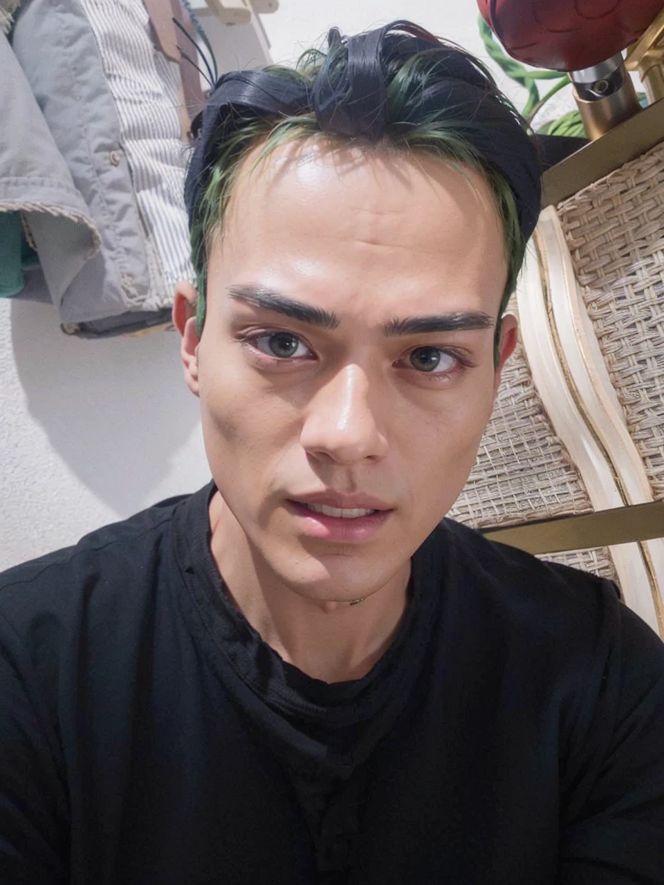 mackenyu, zoro, a man with green hair wearing a bandana, black hat 