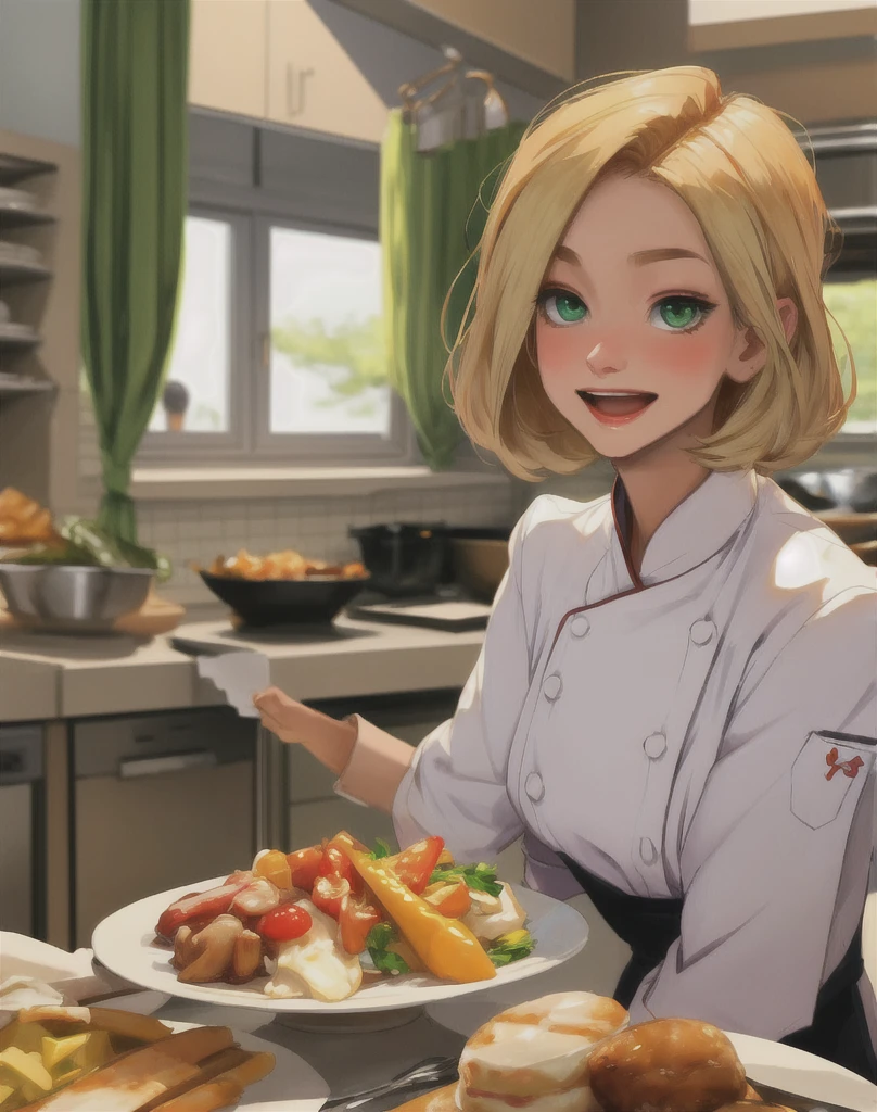 perfect, close-up, portrait, chef chef, 1 girl, standing alone, shorth hair, hair blonde, bangss, greeneyes, gazing at viewer, white shirt, sitting at the kitchen table, :d, gazing at viewer, blushful