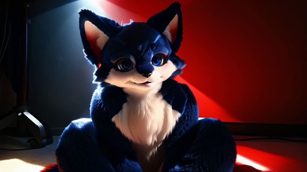 fursuit, navy blue fur, super cute face, red elements on the fur, beautiful lights and shadows, ambient light, super fine fur, volumetric light