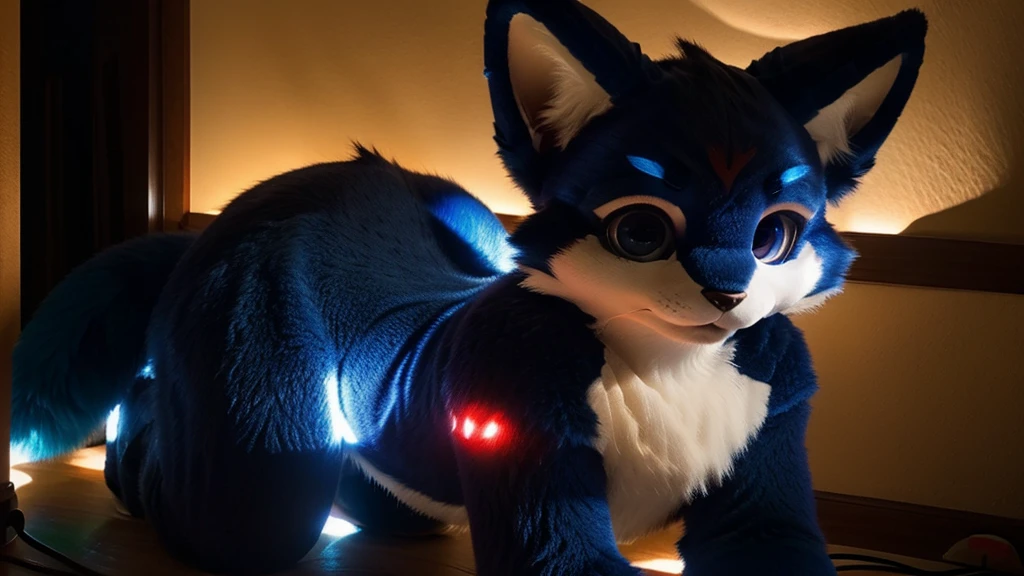 fursuit, navy blue fur, super cute face, red elements on the fur, beautiful lights and shadows, ambient light, super fine fur, volumetric light