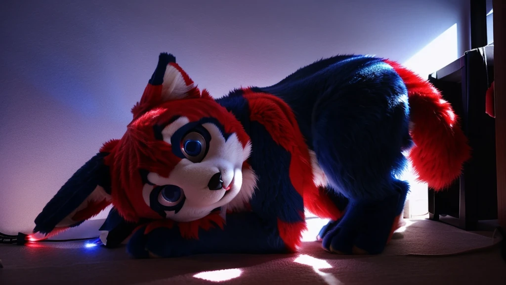 fursuit, navy blue fur, super cute face, red elements on the fur, beautiful lights and shadows, ambient light, super fine fur, volumetric light