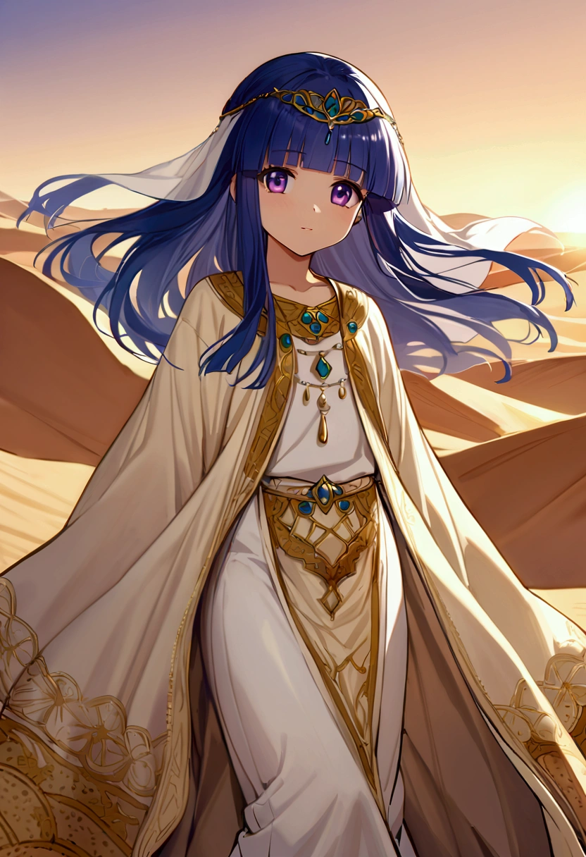 (masterpiece, Highest quality:1.1), (Desert Princess), furude rika, Blue Hair, Purple eyes, Long Hair, blunt bangs, bangs, 12 years old, 1 Girl, alone, Gold embroidery, Kaftans,Turbaned, scarf, jewelry, Circlet, 額のjewelry, Elegant robes, satin, Veil, gem, tiara, Arabian Style, Desert Landscape, carpet, Hair blowing in the wind, Shining, Sunset, oasis, silk, Sparkling Eyes, Sand Dunes