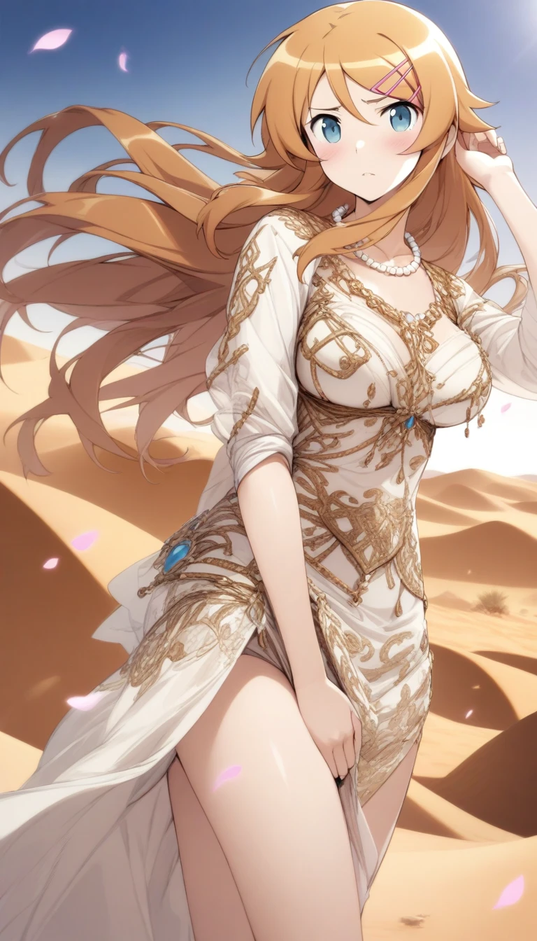 masterpiece, best quality, very aesthetic, absurdres, 1girl, mature_lady, in Desert ,1 Pretty girl，Tighten the body，clothes details，There are intricate gold threads on the clothes，pearls necklace,white skinned，looking at viewer， ,kousaka_kirino, ore no imouto ga konna ni kawaii wake ga nai, orange hair|brown hair, long hair, floating hair, shiny hair, blue eyes|aqua eyes, pink hairclip, ,in Desert, Desert Princess,surrounding by flowers,falling_petals, outdoors, petals,,,blur background,background defocus,