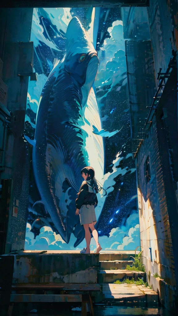 masterpiece, Exquisite detail,Highest quality, One girl, alone, handrail, cloud, Looking up at the buildings,Long Hair, NULL, Long sleeve, Power lines, White footwear, Black Hair, View your viewers, Electric pole, bangs, cloudy NULL, fish, bird, Green Eyes, Shorts, Day, Black Shirt, barefoot,Whale flying in the sky,Giant whale,night,star,milky way,night,Pitch black,Buildings,Sitting, High quality anime art style，Standing painting，Splash ink background，Blue Themes