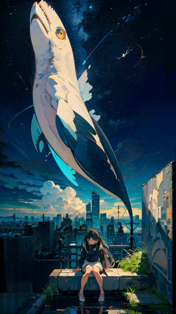 masterpiece, Exquisite detail,Highest quality, One girl, alone, handrail, cloud, Looking up at the buildings,Long Hair, NULL, Long sleeve, Power lines, White footwear, Black Hair, View your viewers, Electric pole, bangs, cloudy NULL, fish, bird, Green Eyes, Shorts, Day, Black Shirt, barefoot,Whale flying in the sky,Giant whale,night,star,milky way,night,Pitch black,Buildings,Sitting, High quality anime art style，Standing painting，Splash ink background，Blue Themes