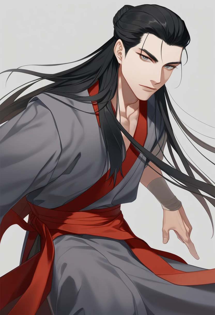 (masterpiece, best quality:1.2), 1male, solo, wei wuxian, mo dao zu shi, mdzs, black and red clothes, grey eyes, long black hair, perfect anatomy, red ribbon around the waist