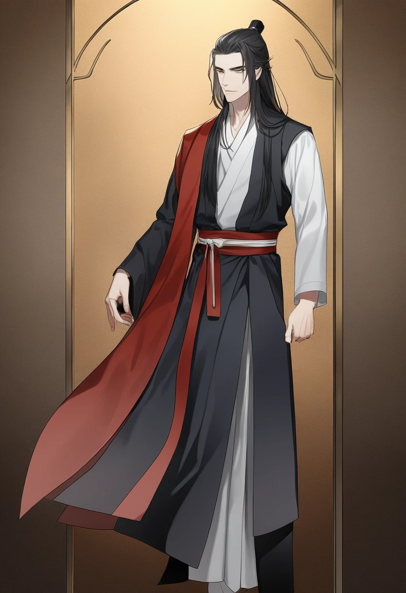 (masterpiece, best quality:1.2), 1male, solo, wei wuxian, mo dao zu shi, mdzs, black and red clothes, grey eyes, long black hair, perfect anatomy, red ribbon around the waist